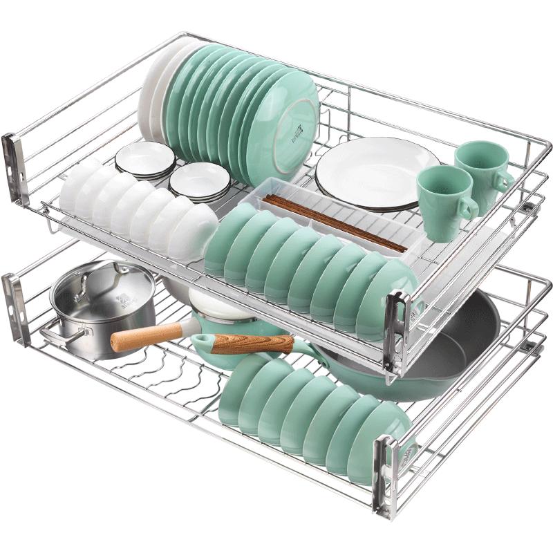 欧琳拉篮厨房橱柜不锈钢家用碗篮碗碟架厨房拉篮双层抽屉式置物架