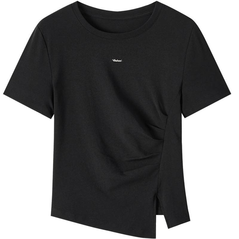 爱居兔2024年夏季新款不规则设计感黑白纯色时尚短袖女T恤