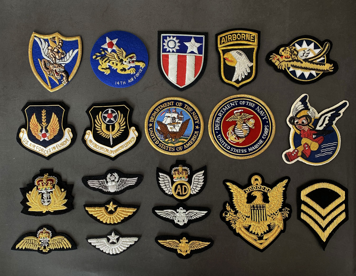 现货多款多色金属丝立体手绣美国援华飞虎队徽章飞行员皮衣布贴