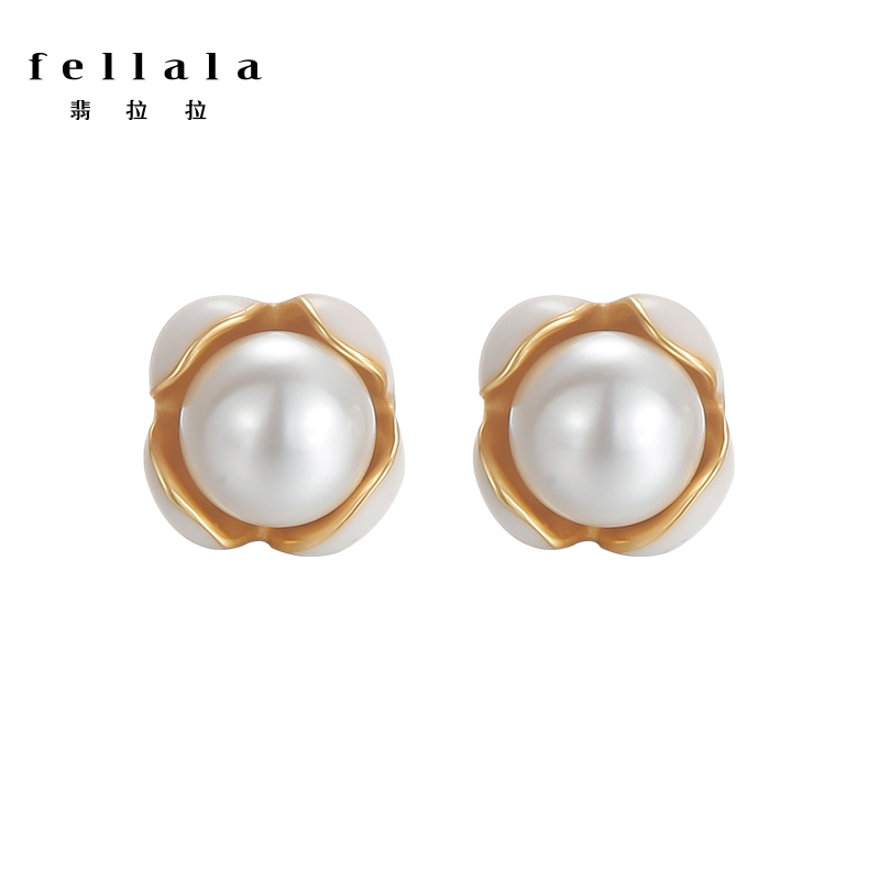 fellala翡拉拉金茶花气质简约耳钉女 人造珍珠日韩优雅耳环耳饰潮