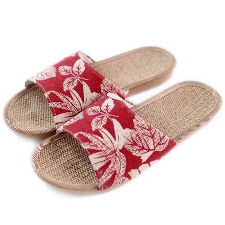 日系居家亚麻拖鞋情侣室内四季拖鞋男女叶子花凉拖鞋防滑柔软厚底