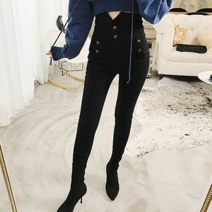 yumi裤子女春2018新款开叉高腰休闲裤女小脚修身裤显瘦打底长裤子