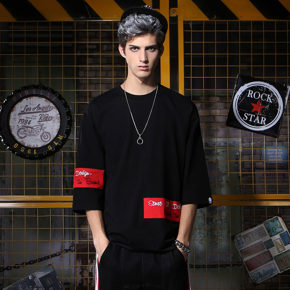 genanx闪电潮牌长款t恤七分袖纯棉圆领字母撞色印花短袖