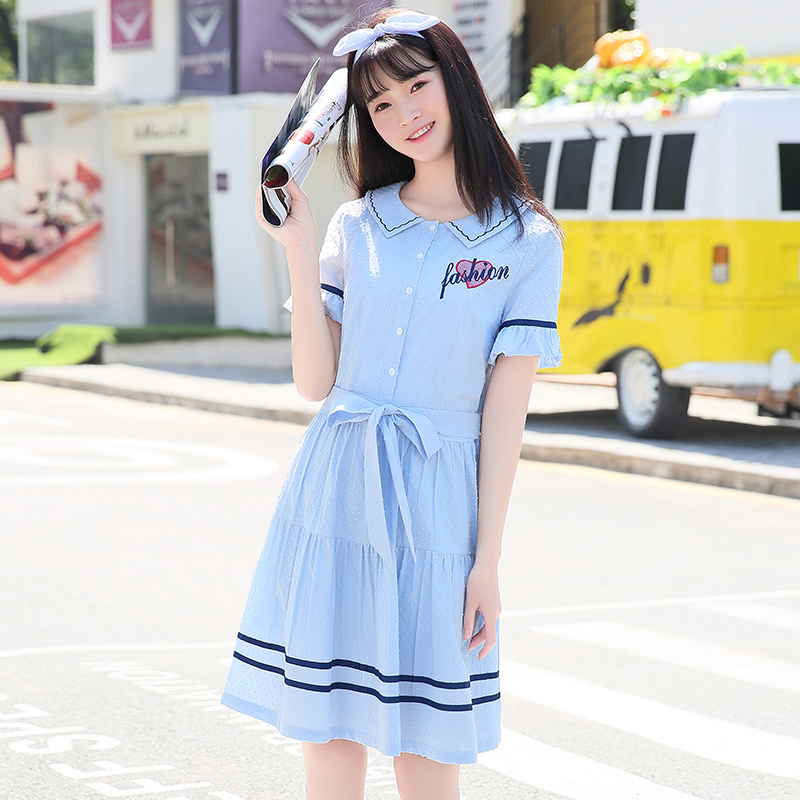2017夏季新款学院风初中学生小清新裙子娃娃领韩版修身少女连衣裙