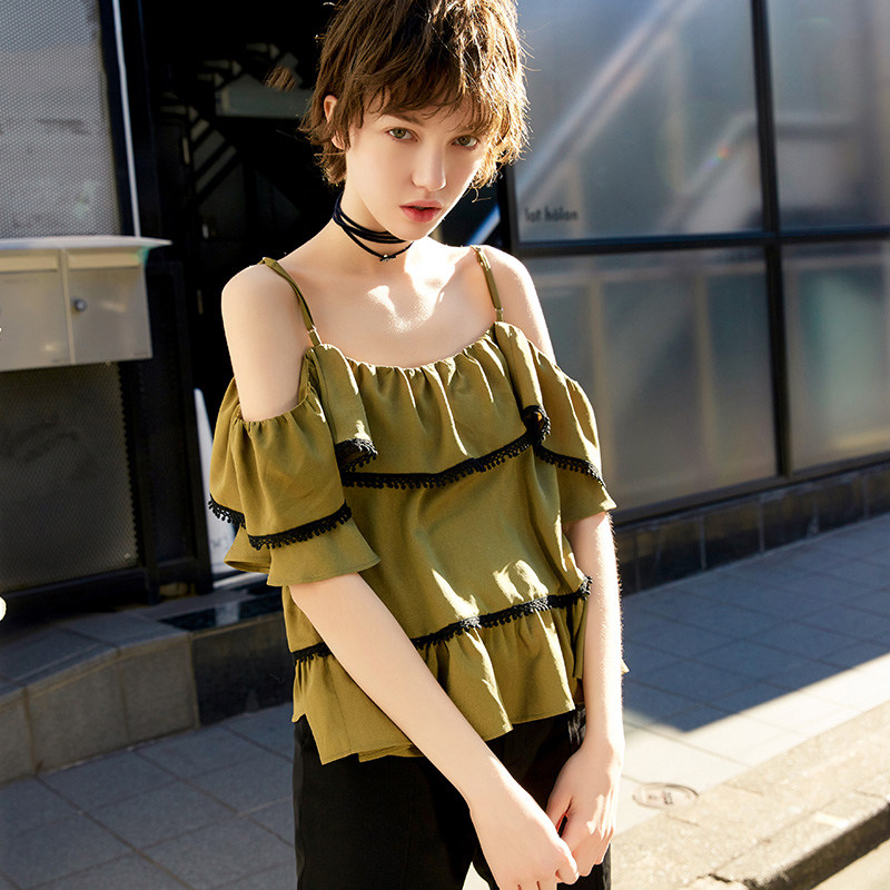 one more文墨2017夏装新款性感露肩荷叶边上衣女装吊带短袖雪纺衫