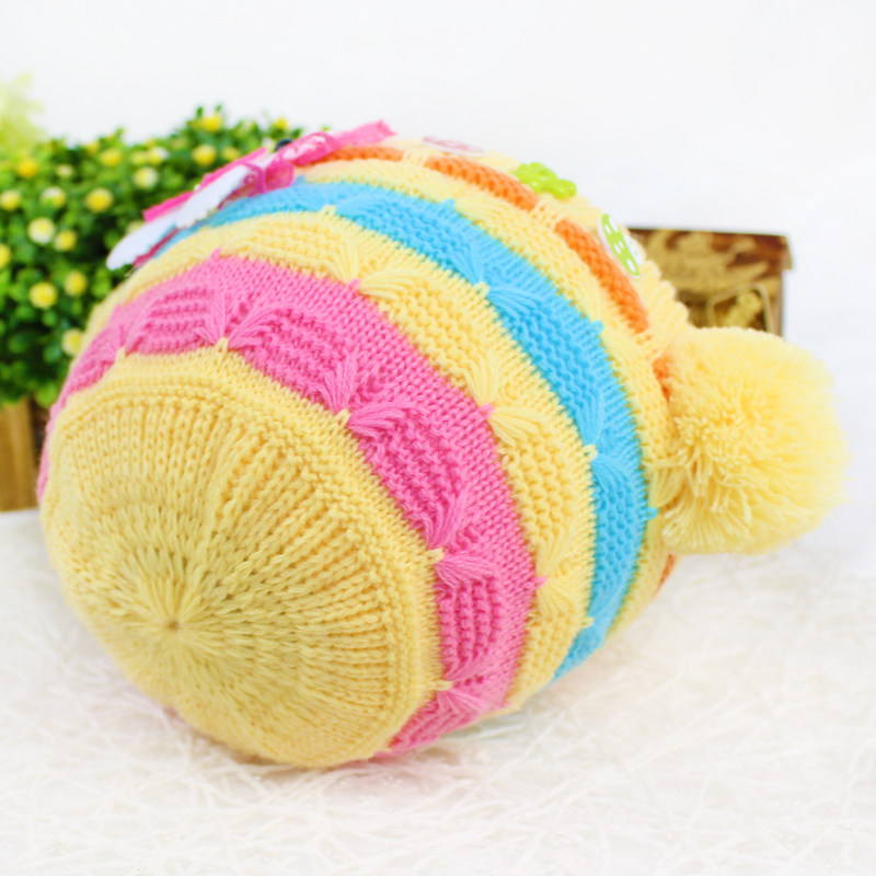 新款小白兔贴饰儿童毛线帽子 冬季户外保暖绒里双球婴幼儿针织帽