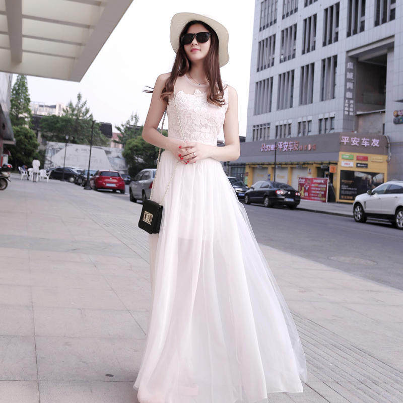 开叉长裙夏装蕾丝拼接网纱白色连衣裙高腰仙女裙雪纺裙微糖佳人