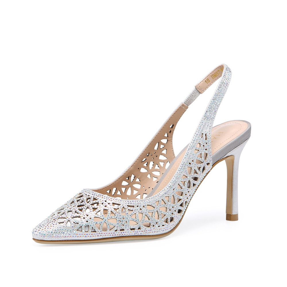 哈森 2018夏季新品性感尖头水钻女鞋镂空细高跟