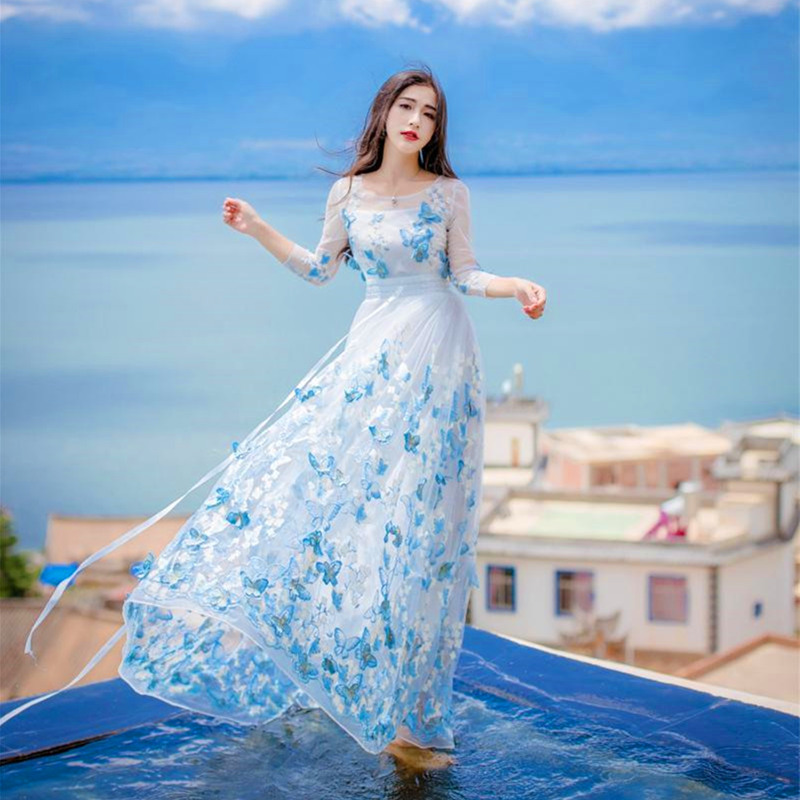 仙女裙子女夏飘逸复古刺绣网纱连衣裙海边度假长裙沙滩裙礼服仙气