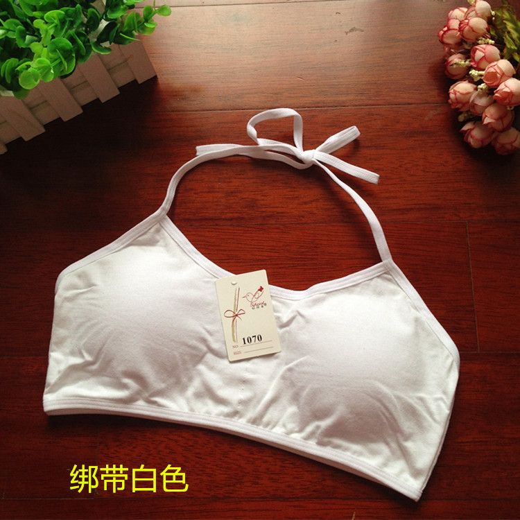 挂脖系带裹胸_纯棉发育期挂脖文胸初高中学生绑带内衣有胸垫系带背心