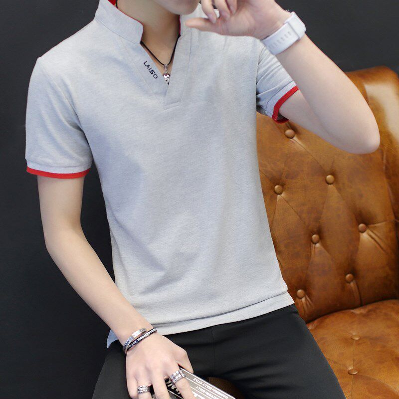 高阳殿小清新条纹男装翻领男士短袖t恤纯棉有带领子的短轴短衣服