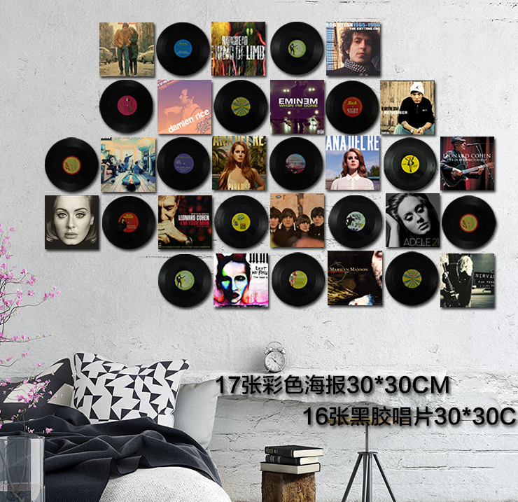 咖啡店铺餐客厅装饰装修怀旧复古黑胶唱片碟片壁饰背景墙贴画优惠券