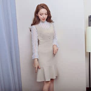 实拍2019新款女神范蕾丝气质时尚套装背心连衣裙子+上衣两件套装