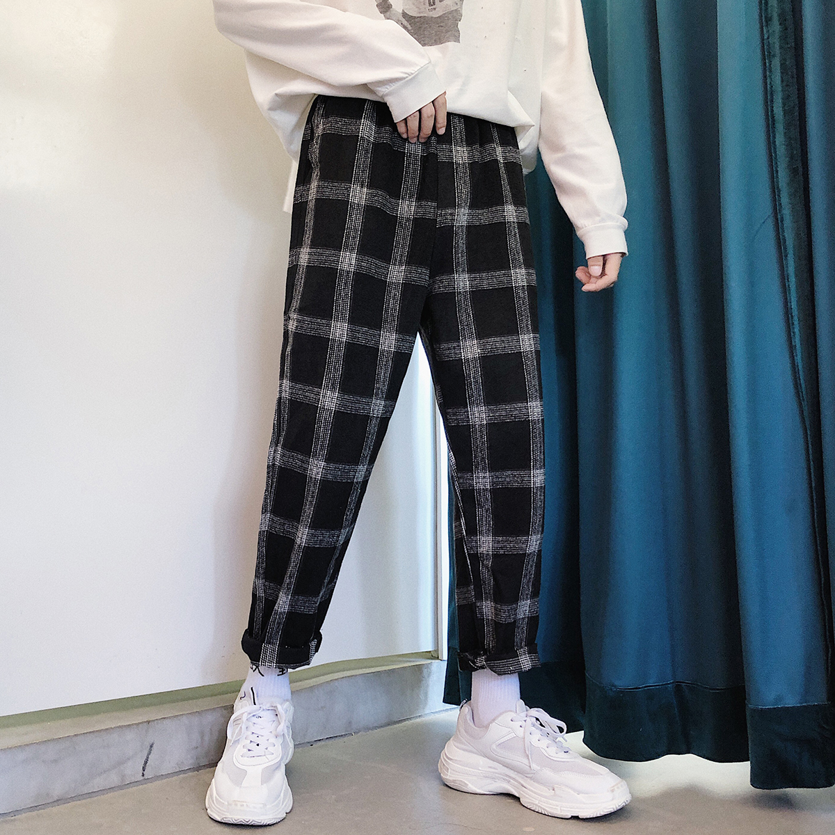 chic宽松直筒哈伦休闲九分裤男韩版ulzzang黑白格子裤ins潮流优惠券