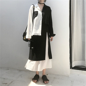 2018夏季韩版百搭黑白拼接雪纺开叉不规则高