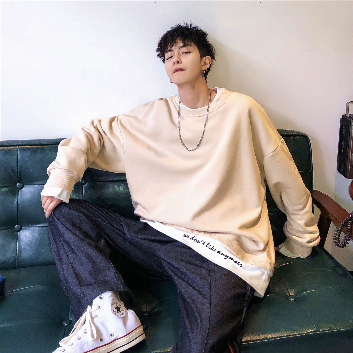 林弯弯卫衣男圆领_2019春装ins超火的假两件卫衣林弯弯帅t潮流学生