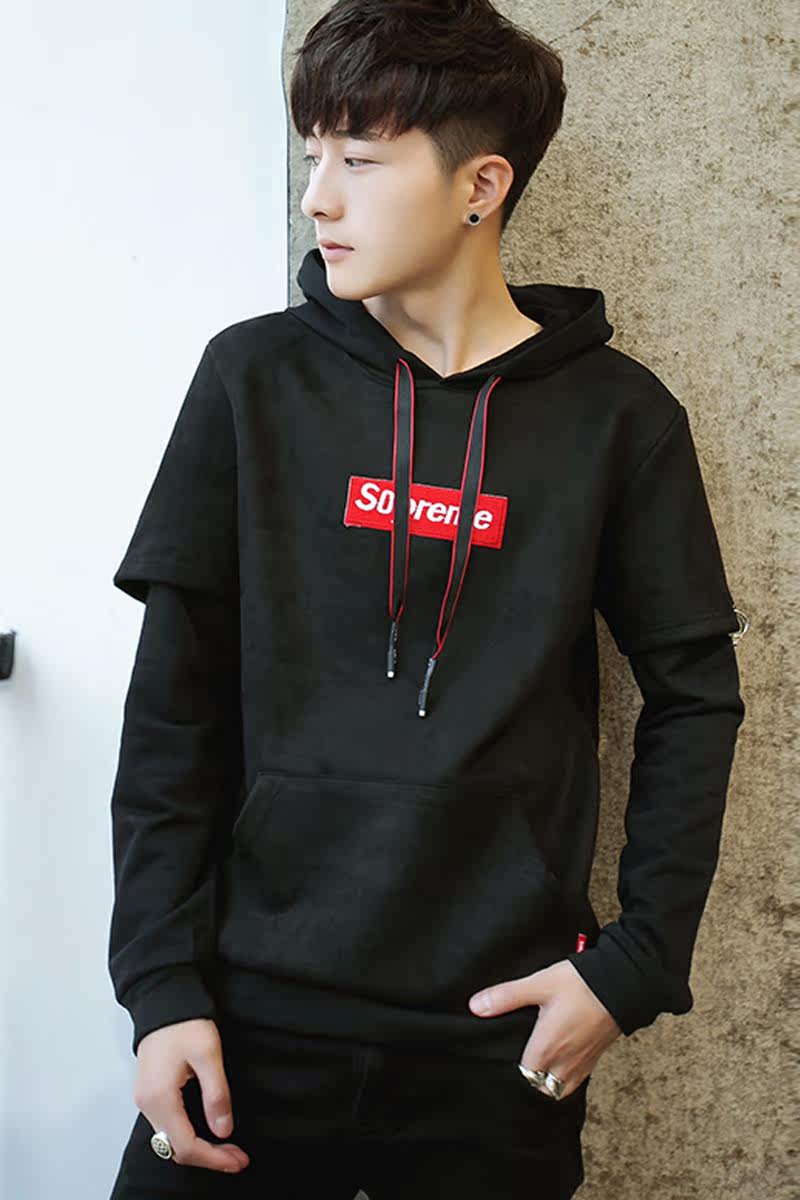 男士外套 t恤假两件_秋季青年假两件卫衣男连帽衫韩版潮流学生宽松