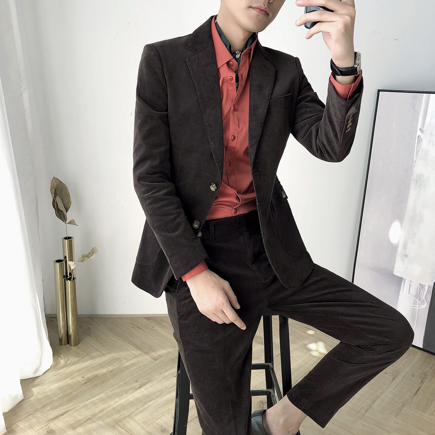 灯芯绒西服套装男