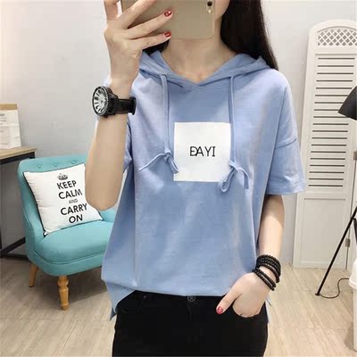 夏季卫衣女薄款套头连帽上衣韩版短袖帽衫百搭bf宽松半袖衫大码