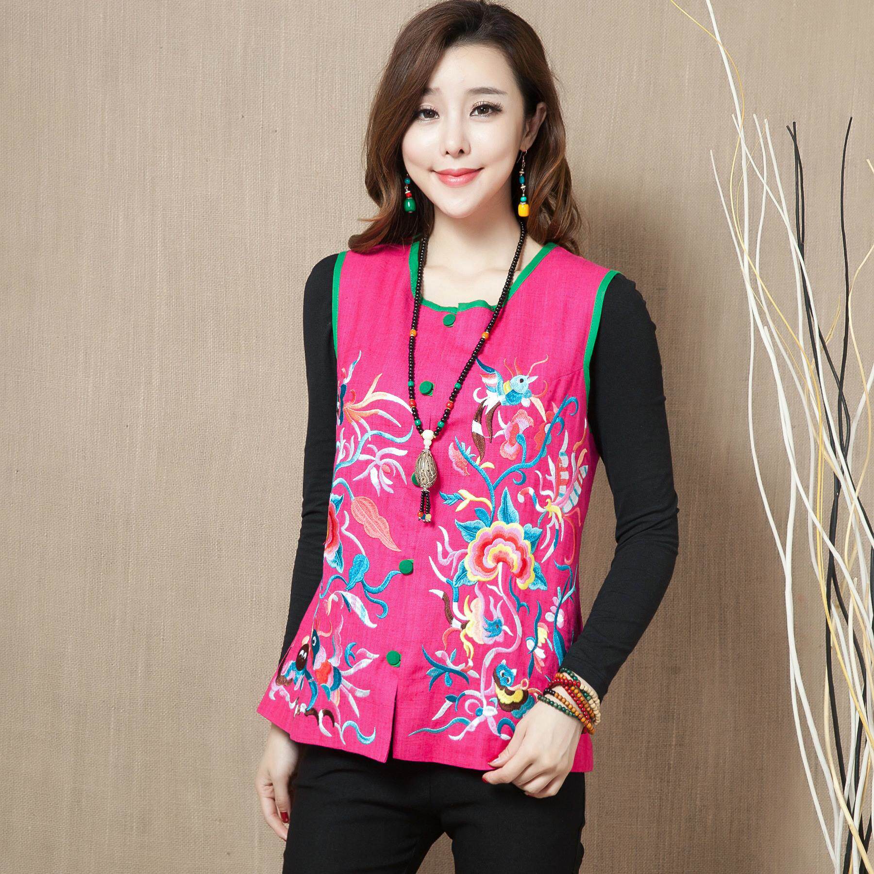 包邮 原创秋冬新款民族风短款绣花马甲棉麻盘扣立领坎肩背心女装