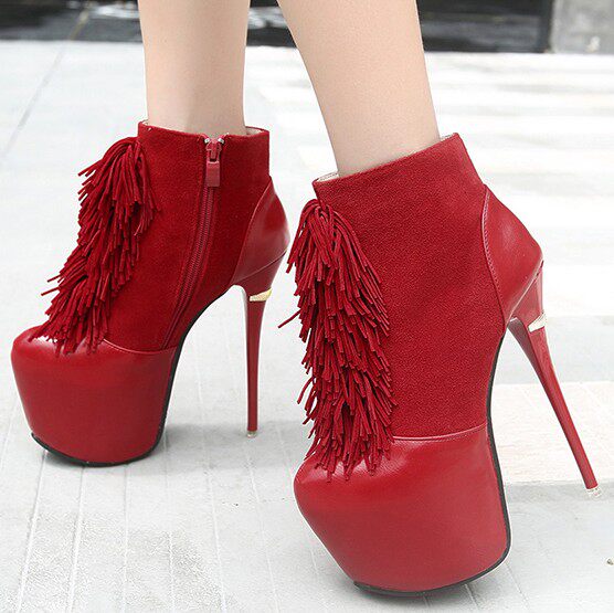 细跟_性感16cm细跟恨天高夜店裸靴防水台漆皮短靴秋冬流苏女靴子红色