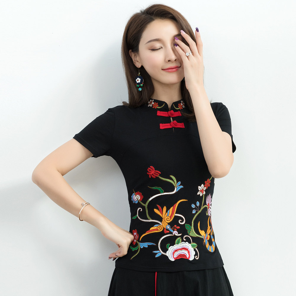 中国风女装 夏季 民族风刺绣短袖t恤衫 盘扣小立领大码女装上衣