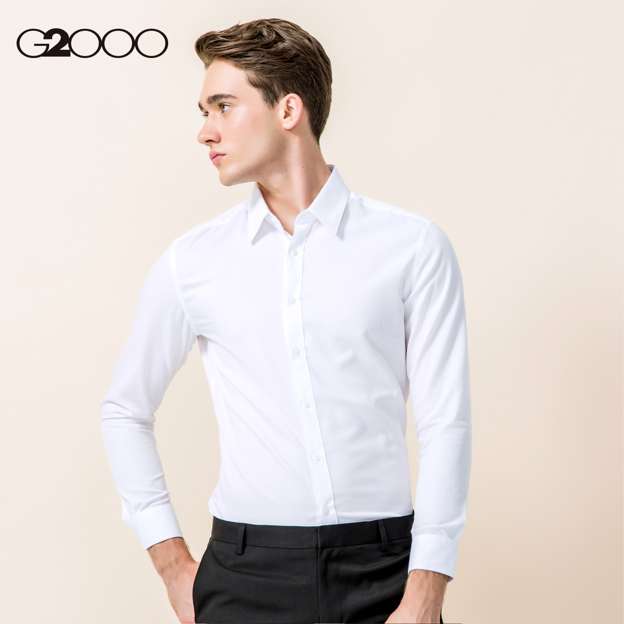 特价g2000衬衫男_g2000简约男装棉质混纺长袖衬衫男 商务修身尖领白