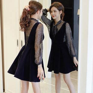 印花蓬蓬连衣裙女春装2018新款时髦套装小香风雪纺背带两件套裙夏