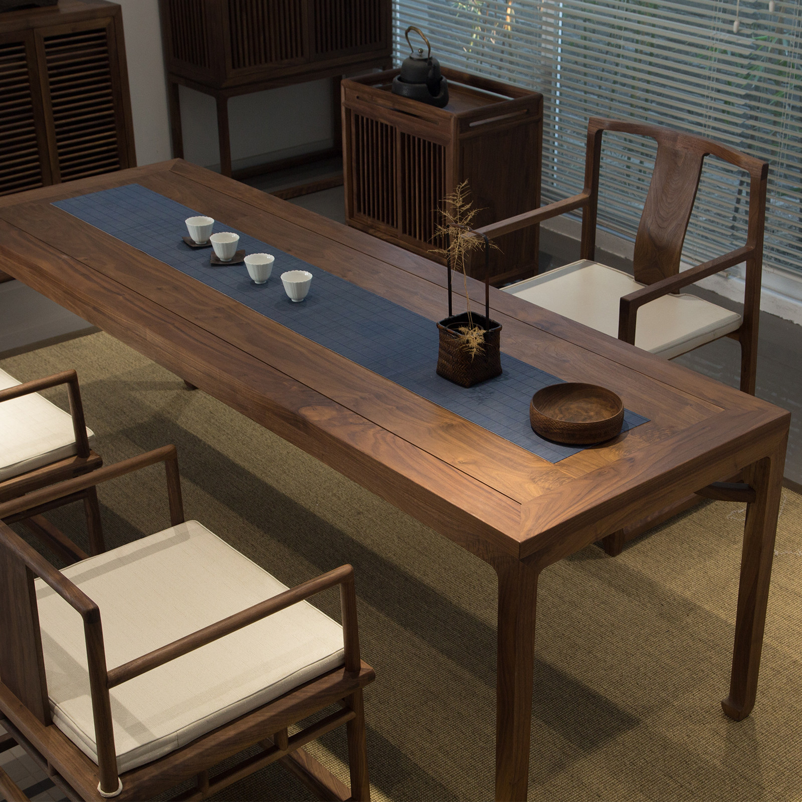 热销老榆木茶桌椅组合_璞木禅意新中式餐桌茶桌椅组合实老榆木黑胡桃