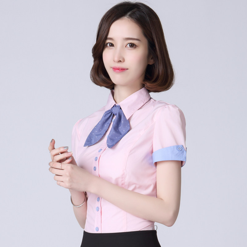 正装女上衣_短袖衬衫女职业装修身撞色上衣正装工装棉衬衣工作服半袖