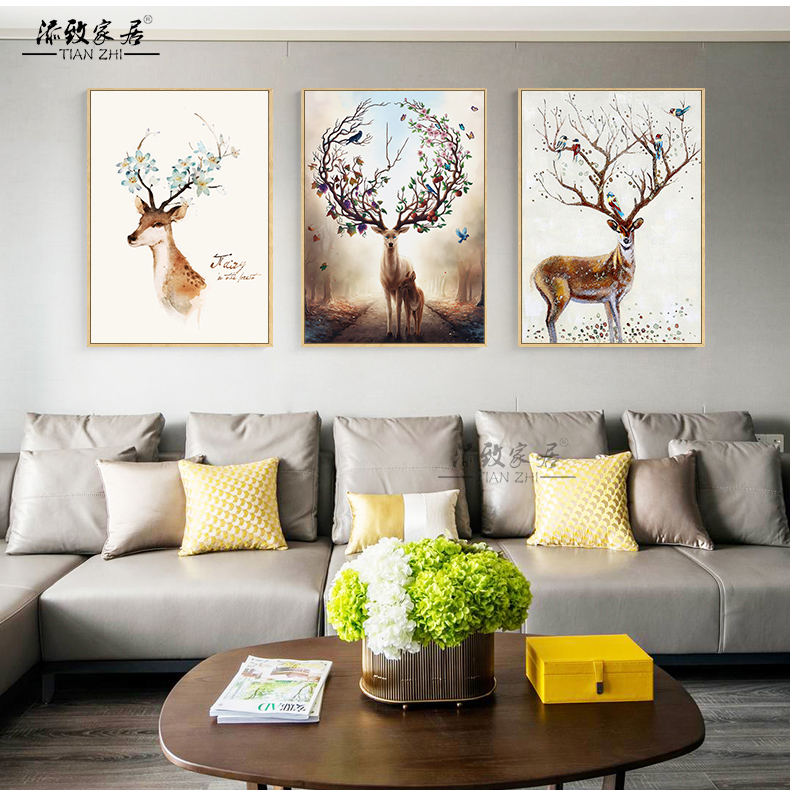 北欧三联挂画客厅装饰画沙发背景墙壁画餐厅现代简约油画祥鹿墙画