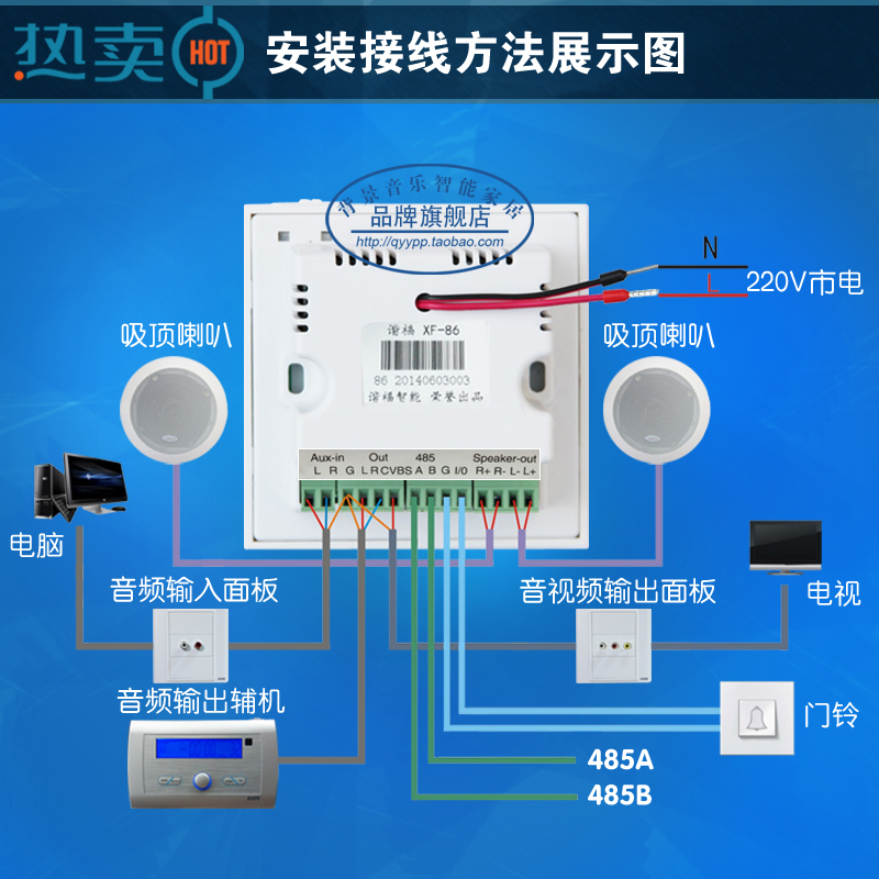 谐福 家庭背景音乐主机 蓝牙功放控制器 86型 智能吊顶音响系统