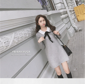 长袖娃娃领针织连衣裙