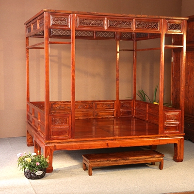 仿古代中式红花梨虫草花鸟架子床双人床单人床实木床明清古典家具
