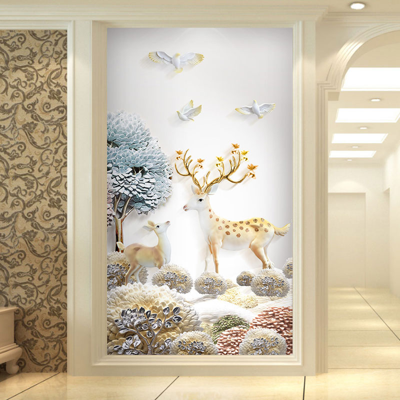 5d立体凹凸壁画玄关壁纸画3d竖版现代中式走廊过道墙纸发财树麋鹿