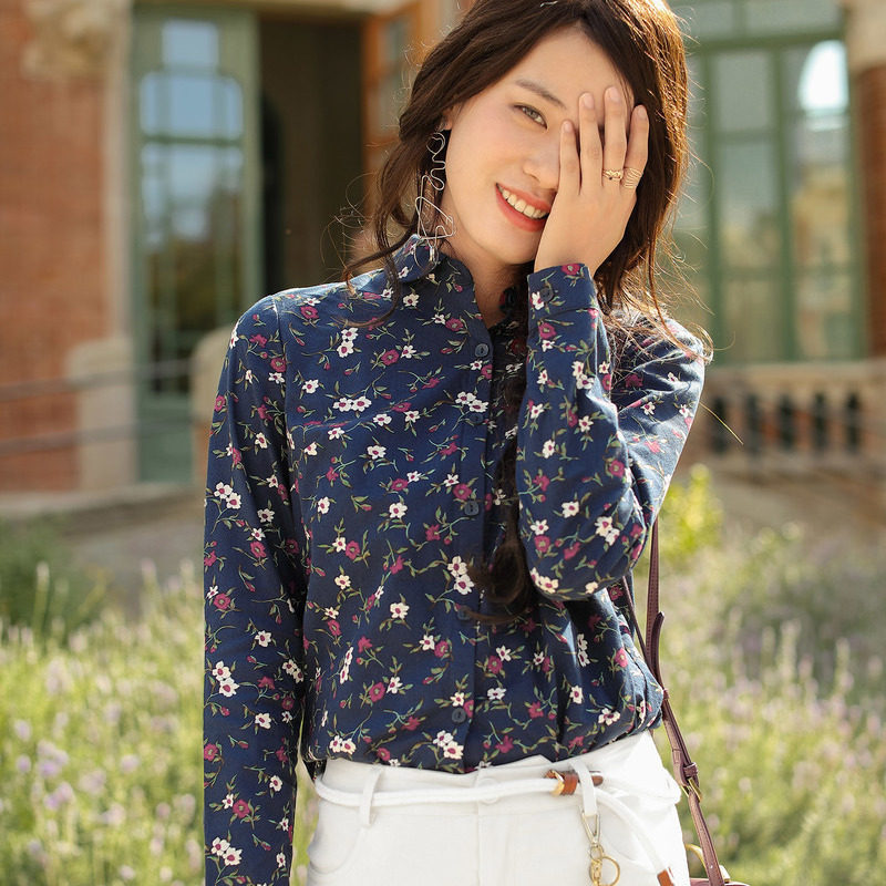 茵曼2018春装新款文艺小碎花衬衫女长袖小清新印花纯棉上衣花衬衣