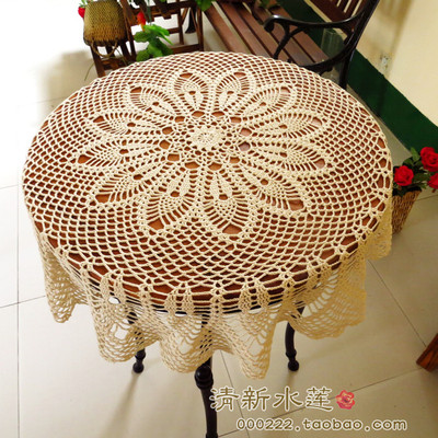 山东纯手工钩花编织棉麻线美式森系田园蕾丝镂空圆桌台布茶几盖布
