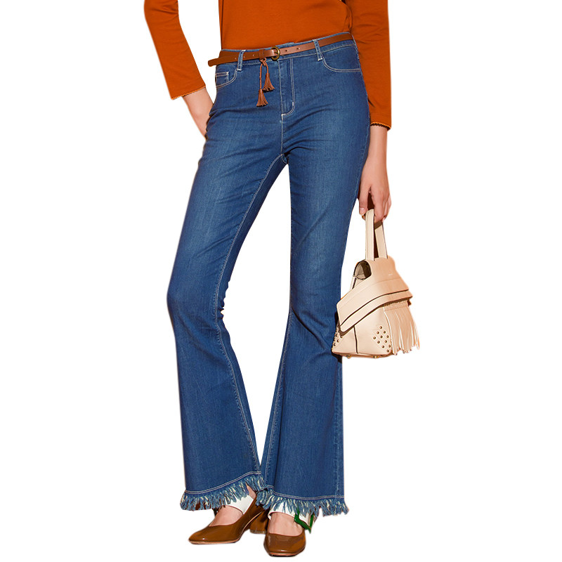 5件5折|gloria/歌莉娅2017复古流苏喇叭裤女