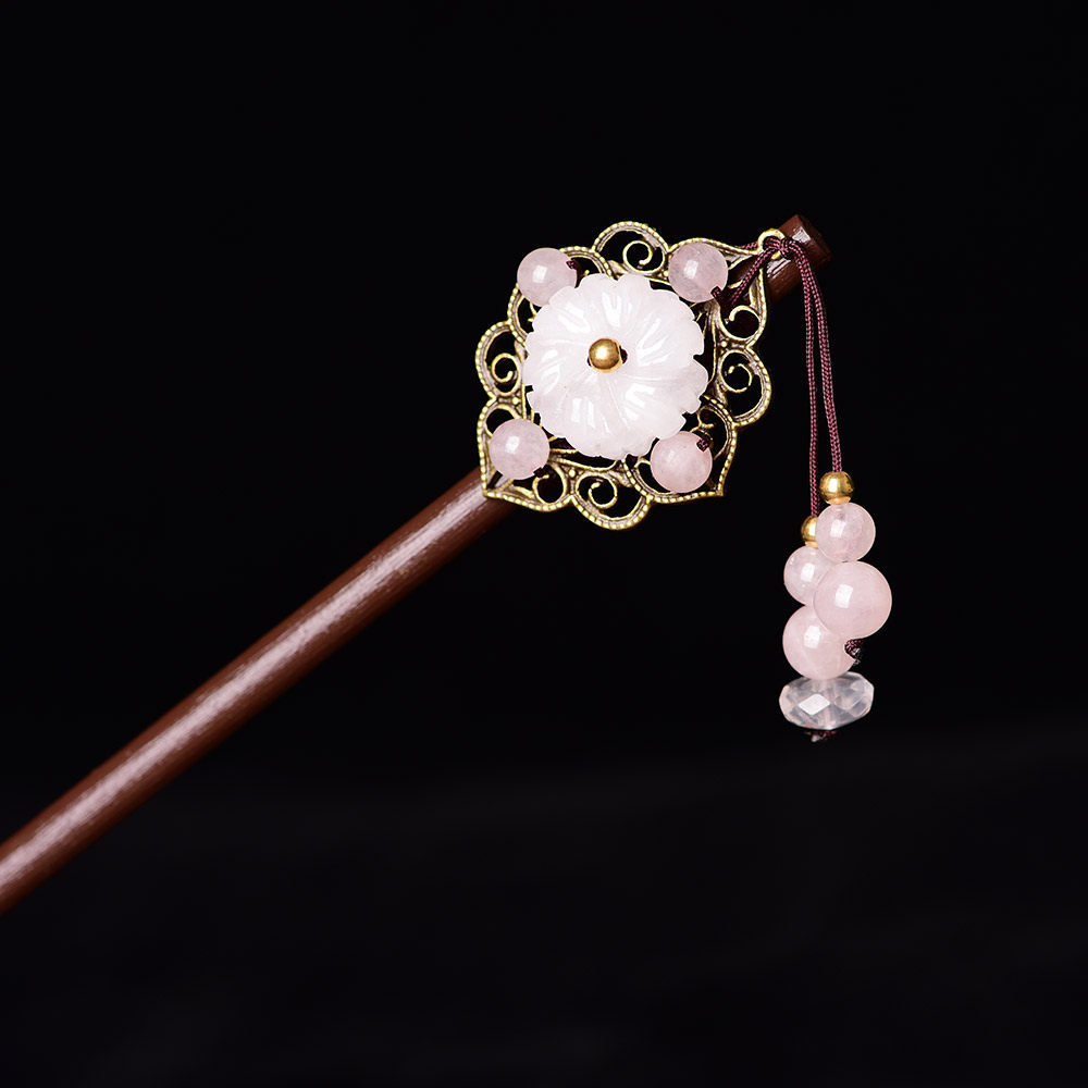 丸子头_复古风发簪粉晶古代头饰流苏公主古装簪子步摇丸子头盘发发钗