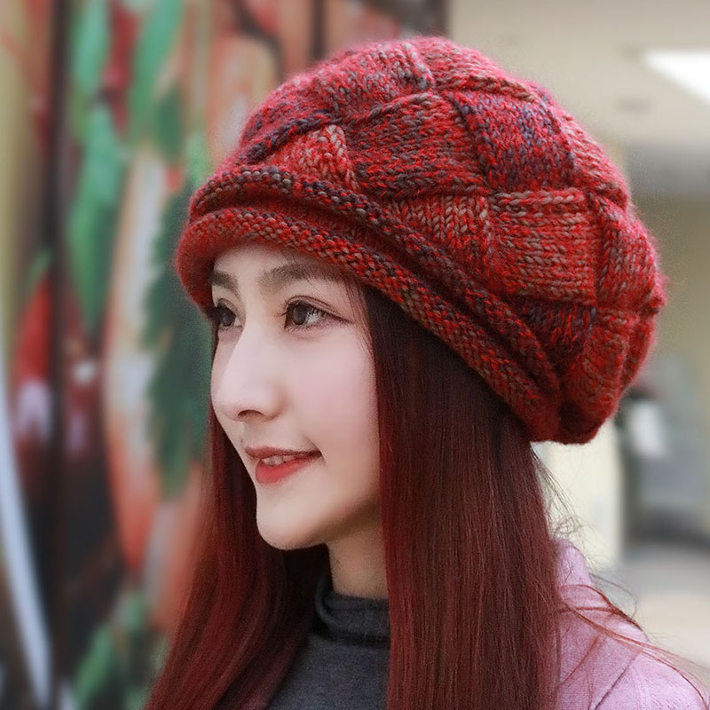 羊毛帽子 女韩版潮秋冬天保暖贝雷帽毛线帽手工针织帽卷边包头帽