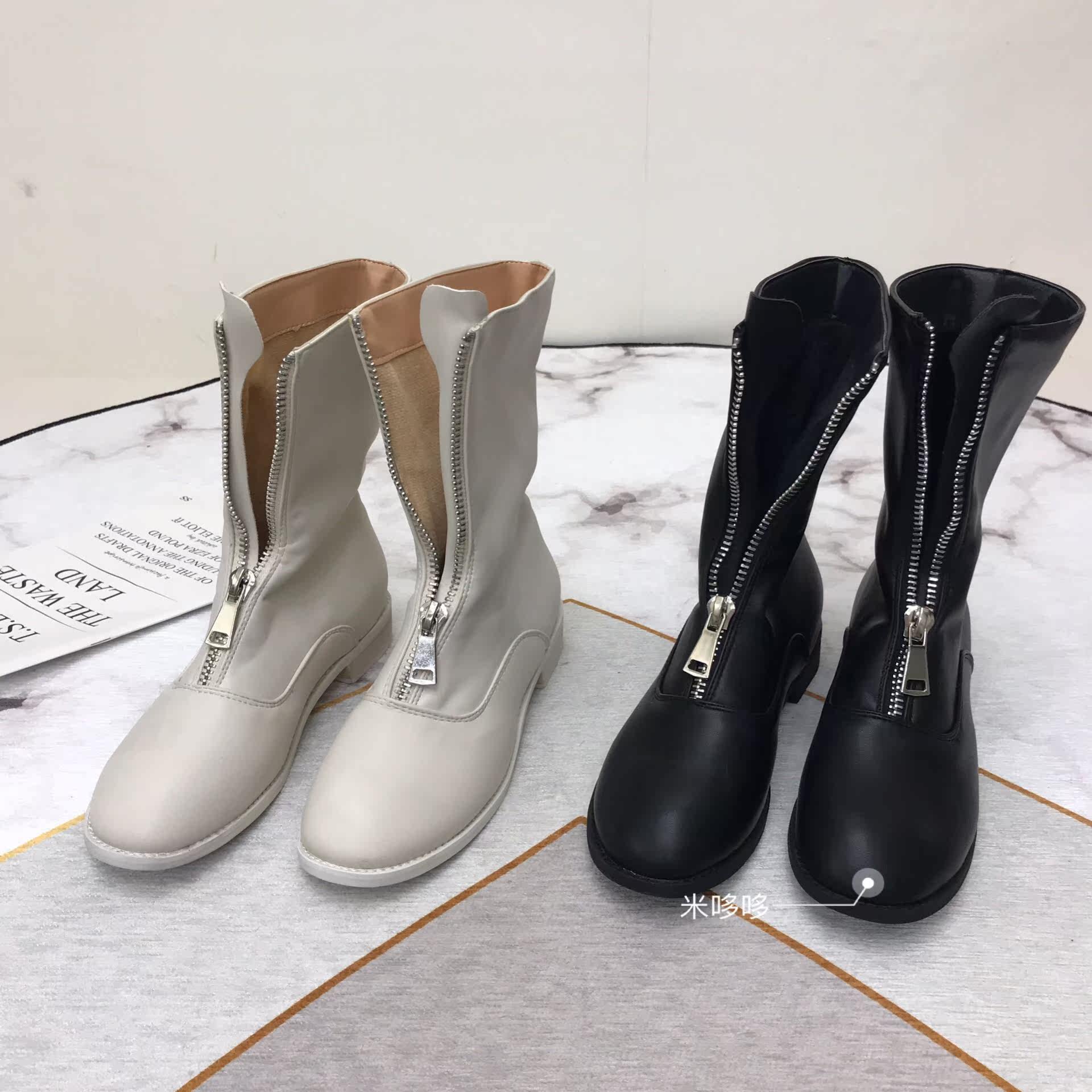 前拉链倒靴短靴粗跟圆头百搭纯色中筒马丁靴女秋冬加绒女靴子
