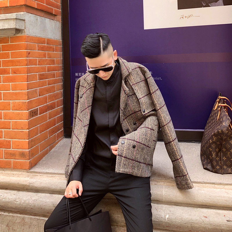 毛呢上衣男短款_韩老板hlb 高端英伦格子夹克潮男毛呢上衣秋季西装领
