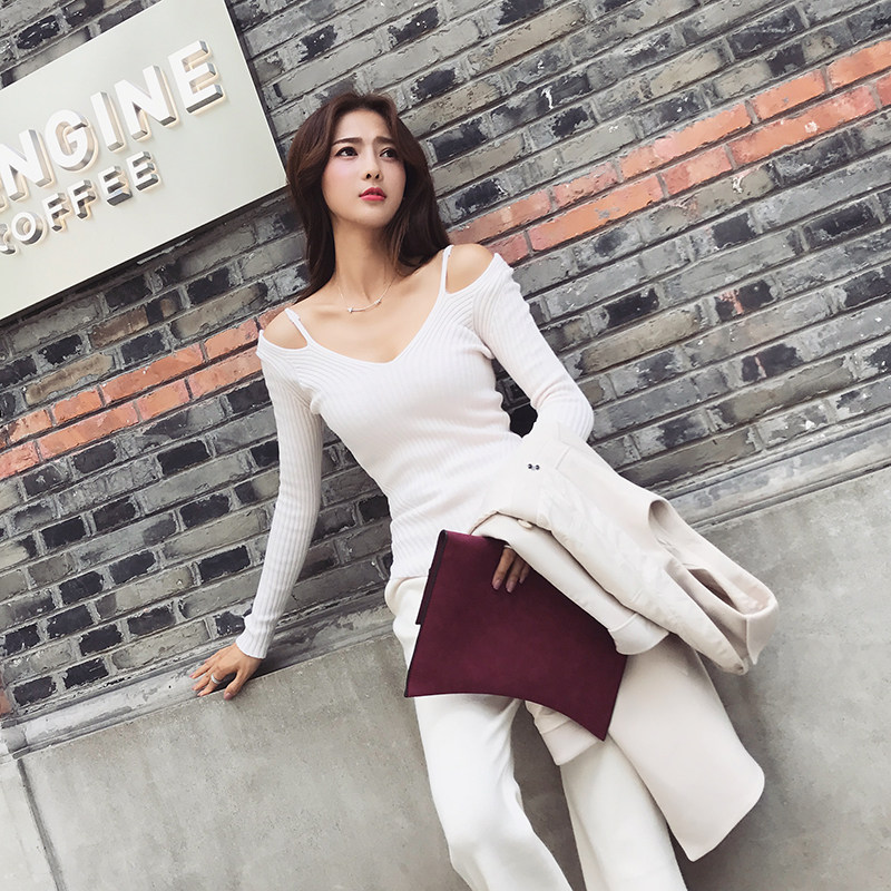 ruoyu 毛衣女秋季新款露肩v领针织衫女套头镂空