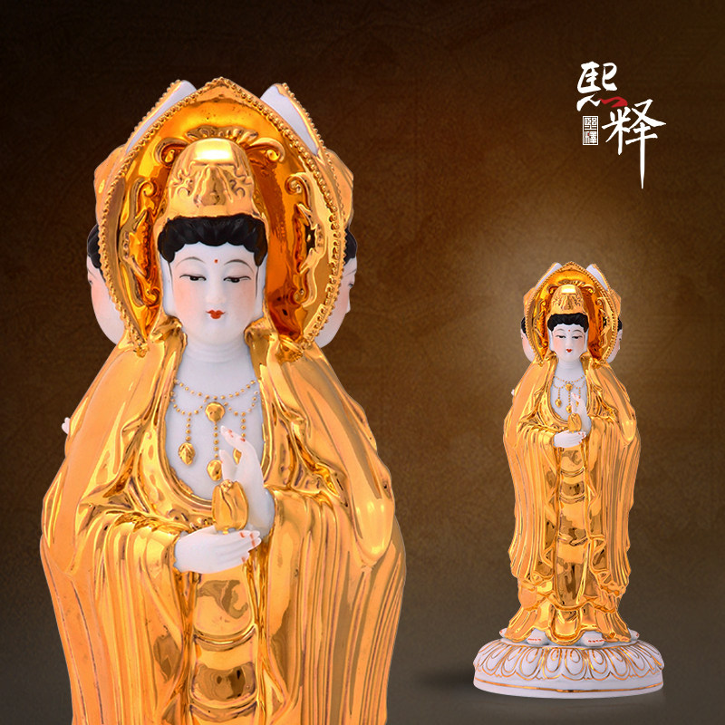 熙释 陶瓷佛像 站金身三面观音菩萨像 南海观音佛教雕像手工雕像