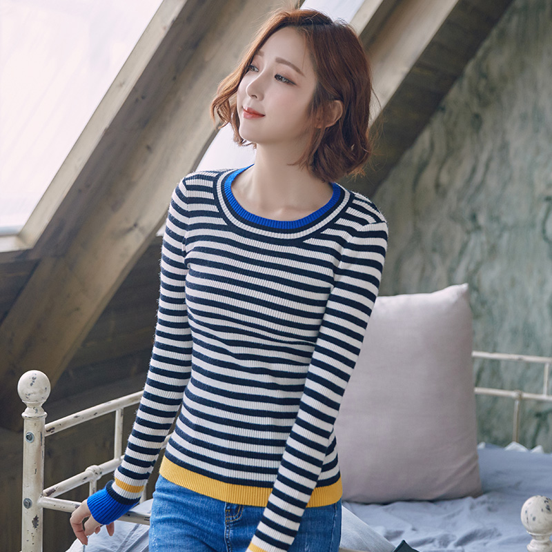 针织衫女秋冬圆领韩版修身显瘦 条纹拼色长袖t恤打底衫