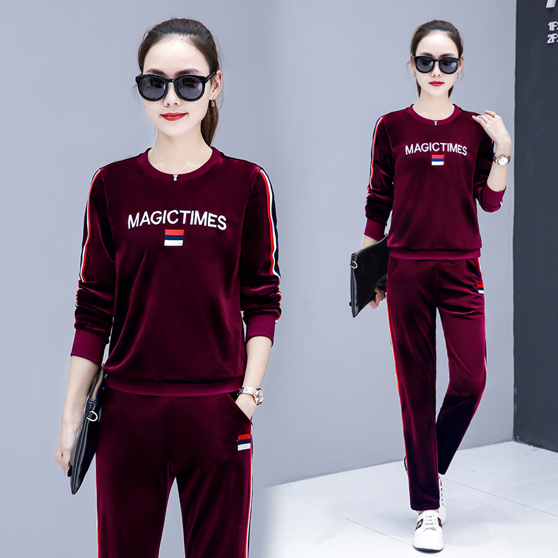 金丝绒套装女春秋韩版安三叶踏林李运动服时髦卫衣两件套