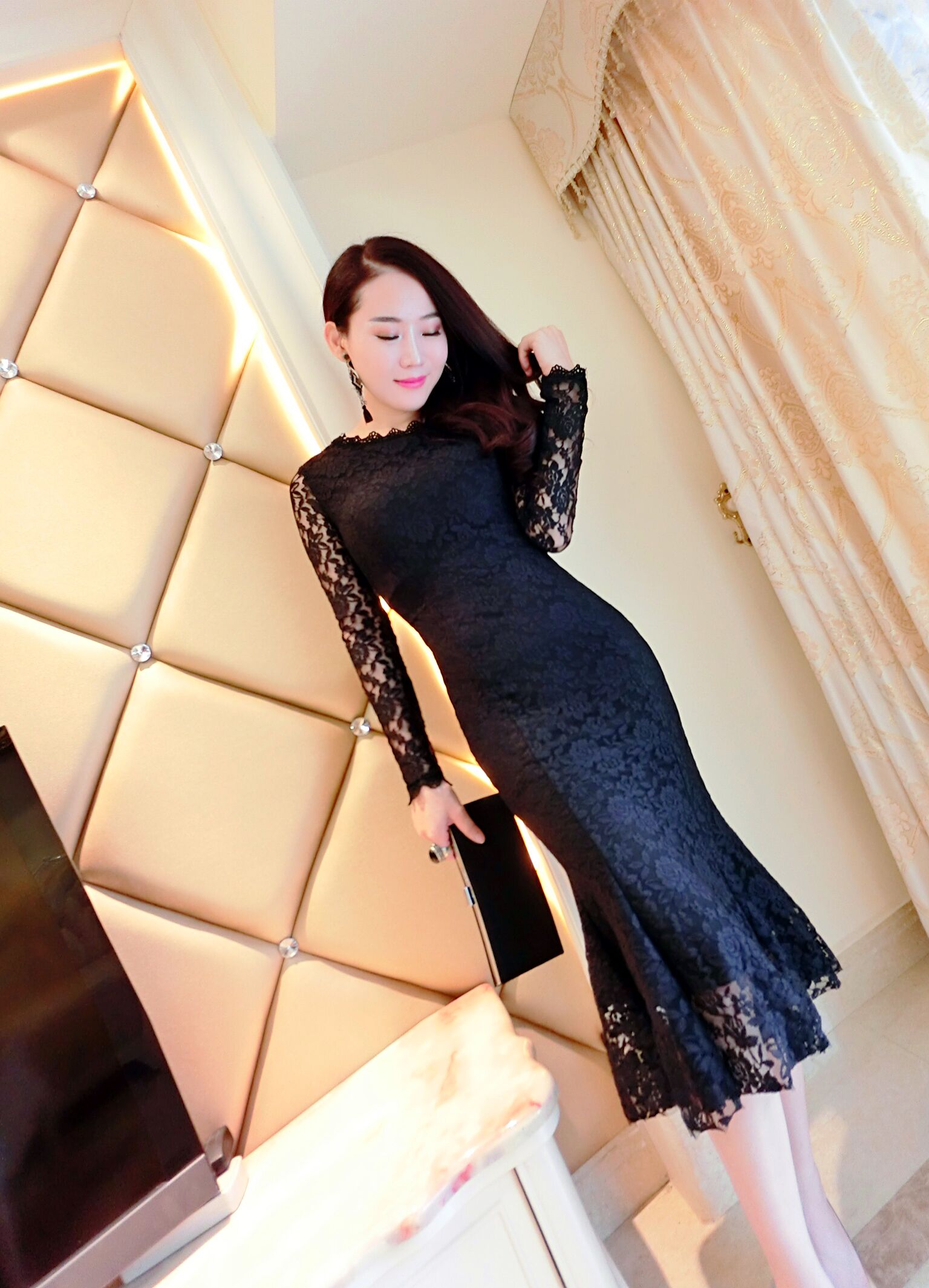 蕾丝鱼尾裙连衣裙秋冬