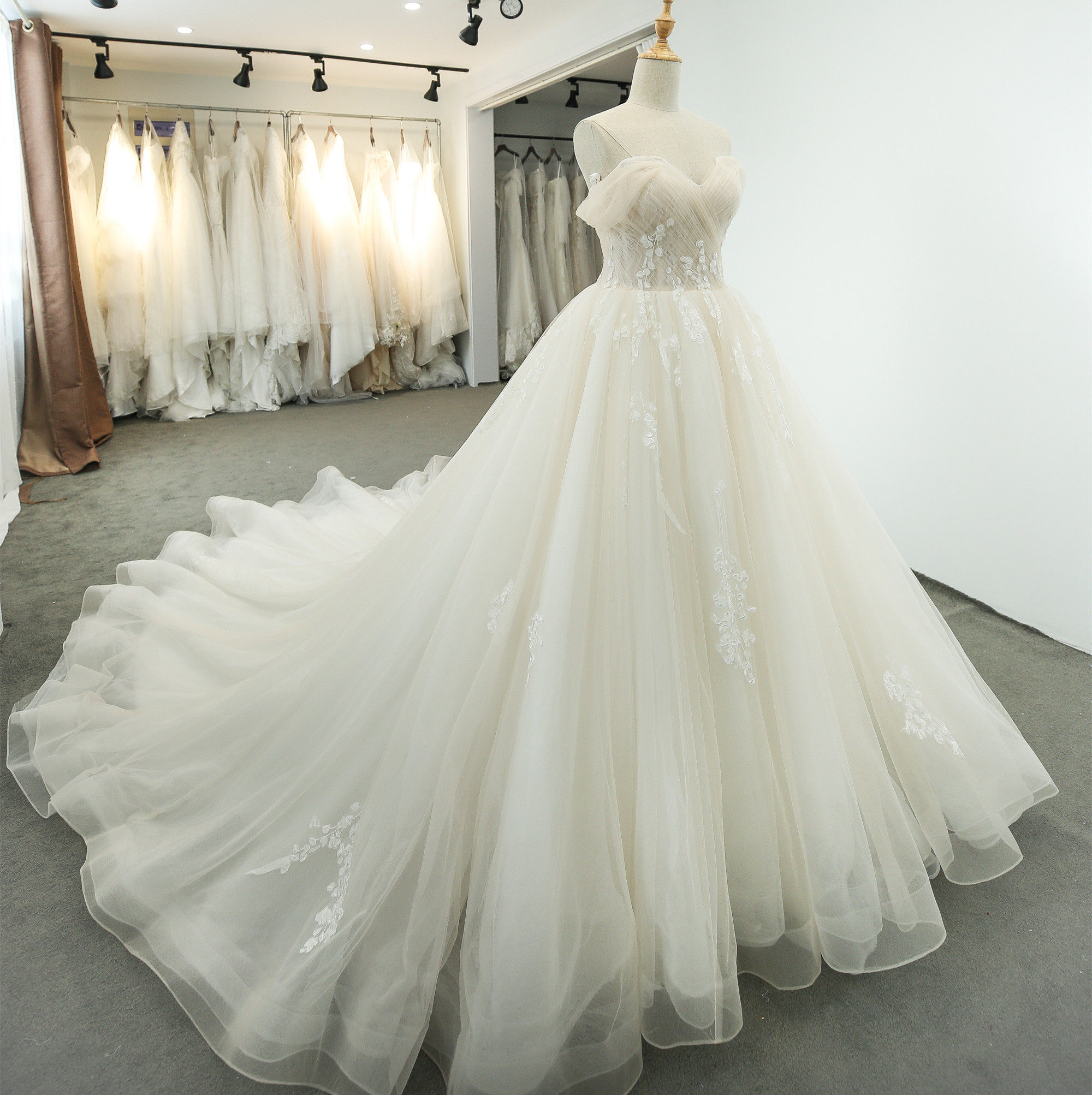 (出租)新款一字肩桃心领高腰显瘦立体蕾丝新娘奢华大拖尾婚纱优惠券