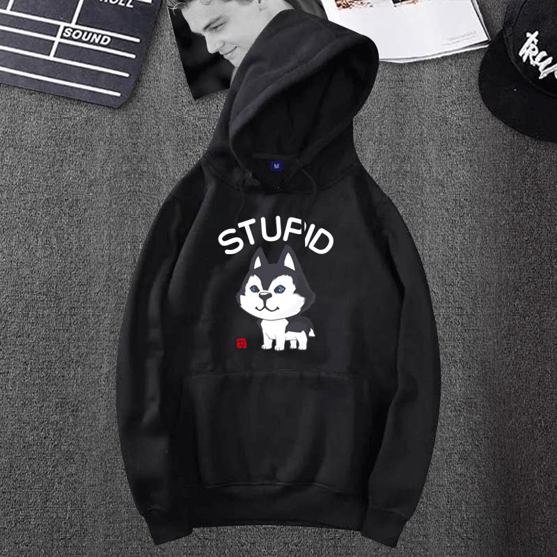 带帽卫衣男加绒加厚红色_哈士奇二哈可爱卡通学生带帽卫衣男情侣装