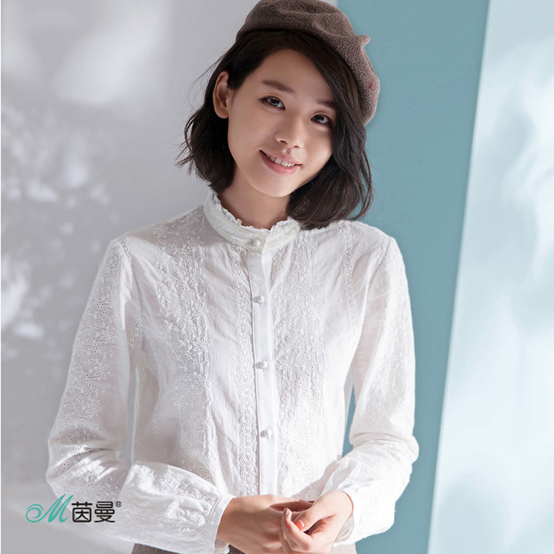 茵曼衬衫_茵曼旗舰店棉麻女装长袖衬衫 2018秋冬新款绣花白色衬衣纯棉